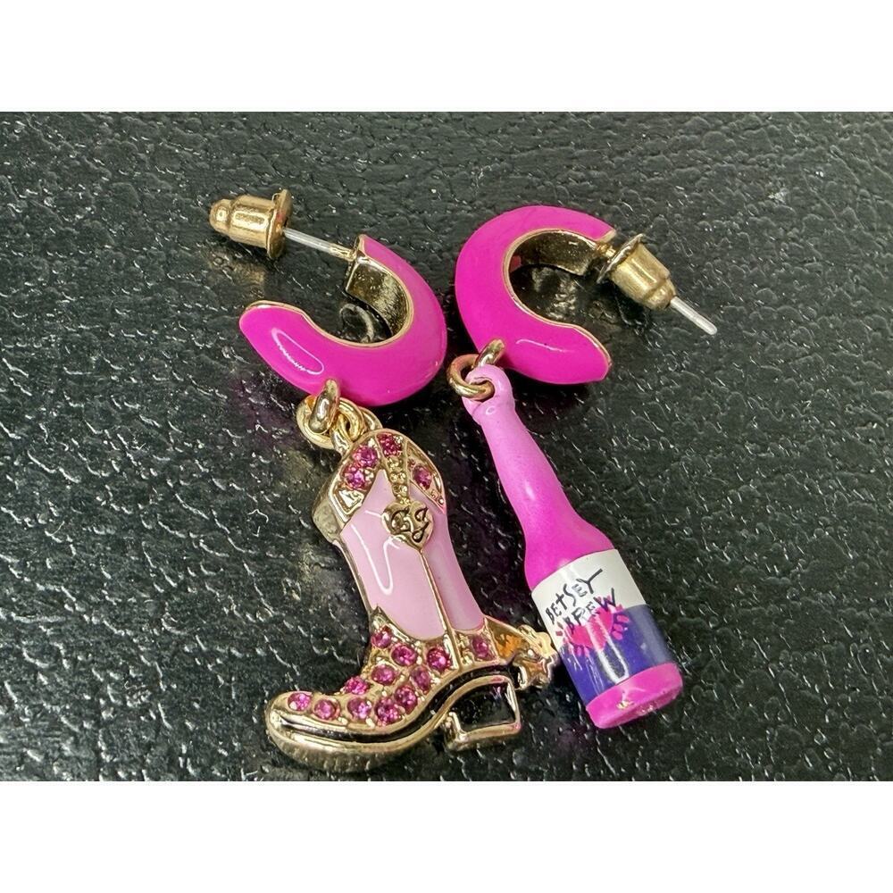 Betsey Johnson Huggie Hoop Earrings Cowgirl Boot & Betsey Brew Bright Pink